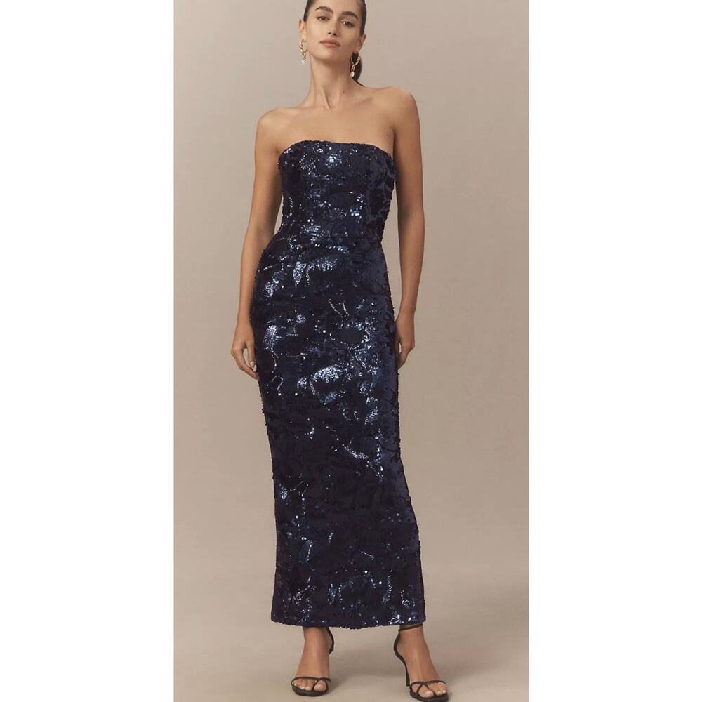 Helsi Leslie Strapless Sequin Mesh Midi Dress - Navy, Size large (new)